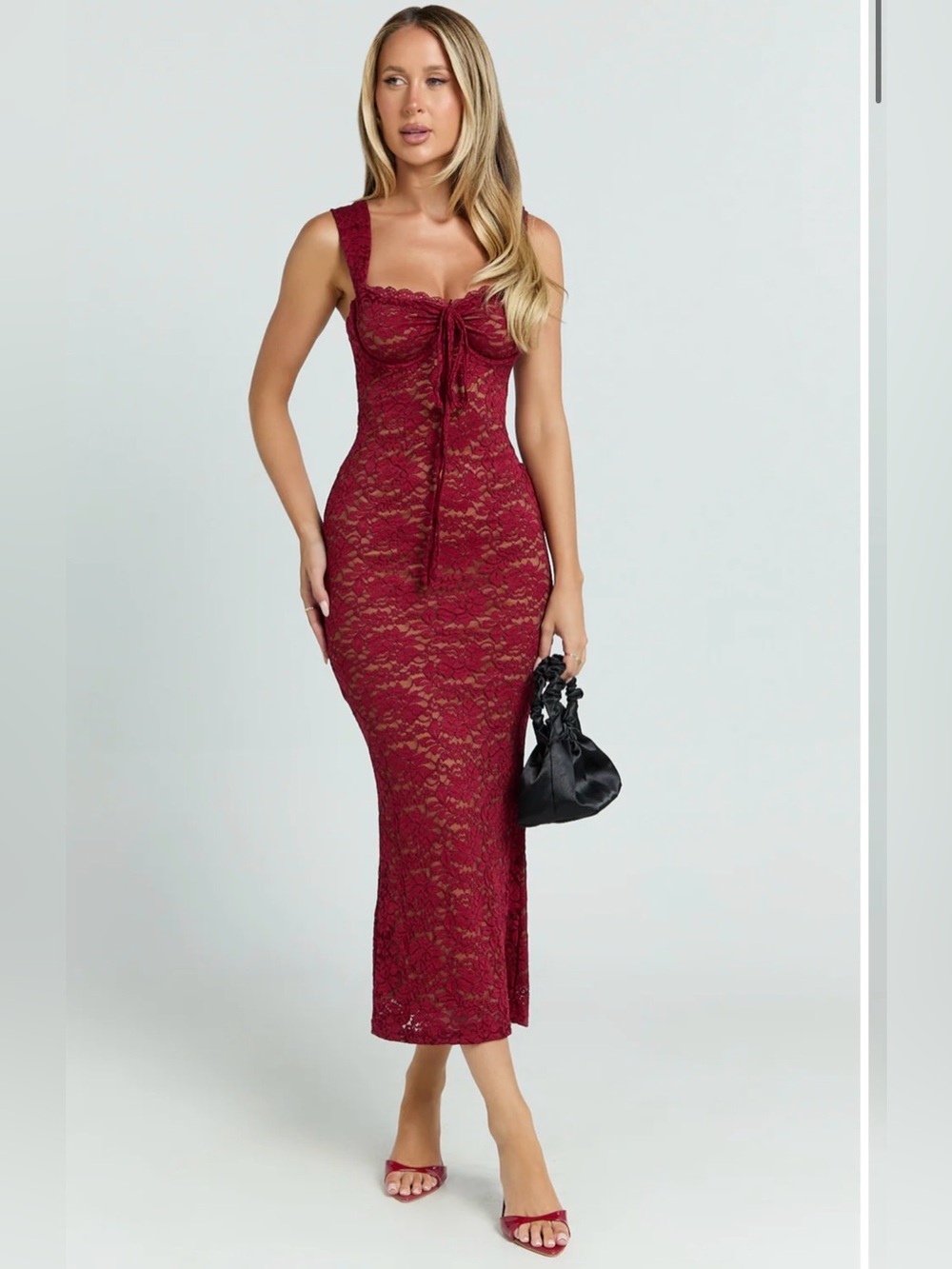 NWT Showpo COLLETTE Wide Strap Burgundy Lace Tie-Front Midi Dress size 10